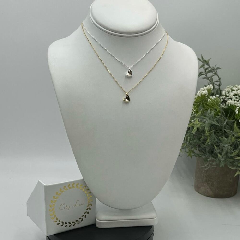 City Luxe Mother of Pearl Two Tone Plated Heart Pendant‎ Double Necklace New
